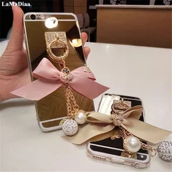 Soft Mirror Phone Case Cover, Luxury Bling, Diamond Rhinestone, Bowknot Pendant, for Samsung S23 Ultra, S24, S21, S22, Note20