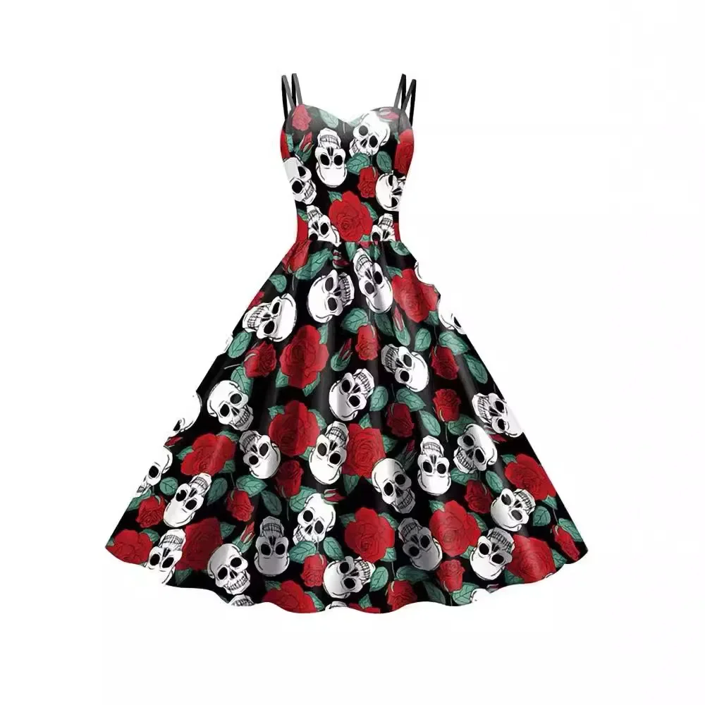 2024 Halloween Cosplay dark Black Rose Skull Dress Women Costume Sleeveless Vintage Party Dresses Skull Witch Scary Clothings