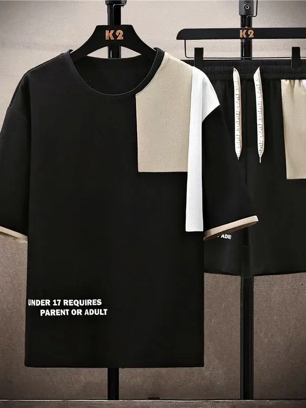 夏用アイスシルク半袖tシャツセット-メンズファッション-ラウンドネック-ハーフスリーブ-スポーツカジュアル-レジャー-ツーピースセット-ショートパンツ