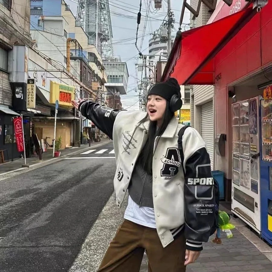 

Винтажные бейсбольные куртки с лацканами для женщин, зимняя лоскутная куртка с вышивкой букв, куртка с воротником для пары, свободный топ, женская одежда