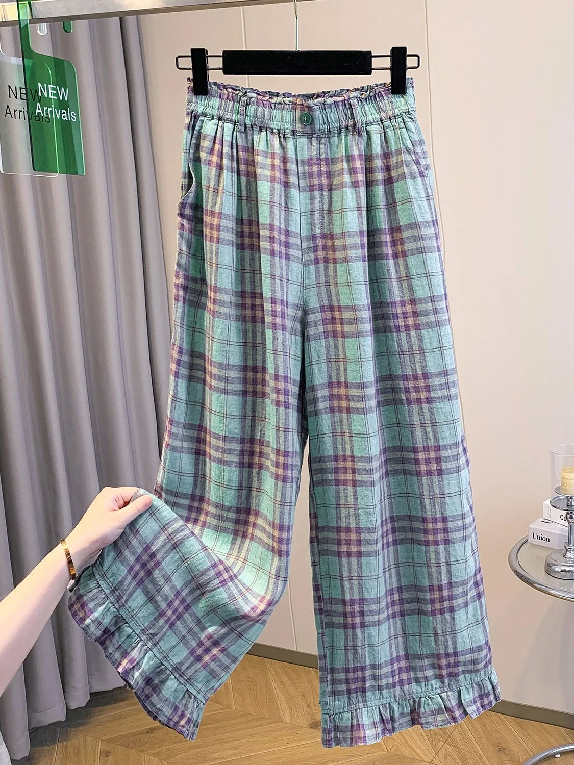 กางเกงขายาวทรงตรงผ้าฝ้ายลินินเอวสูงแต่งระบายชาย  สำหรับผู้หญิง สไตล์ลำลอง  ความยาวเก้าส่วน  ใส่สบายในฤดูร้อน  สไตล์วินเทจ