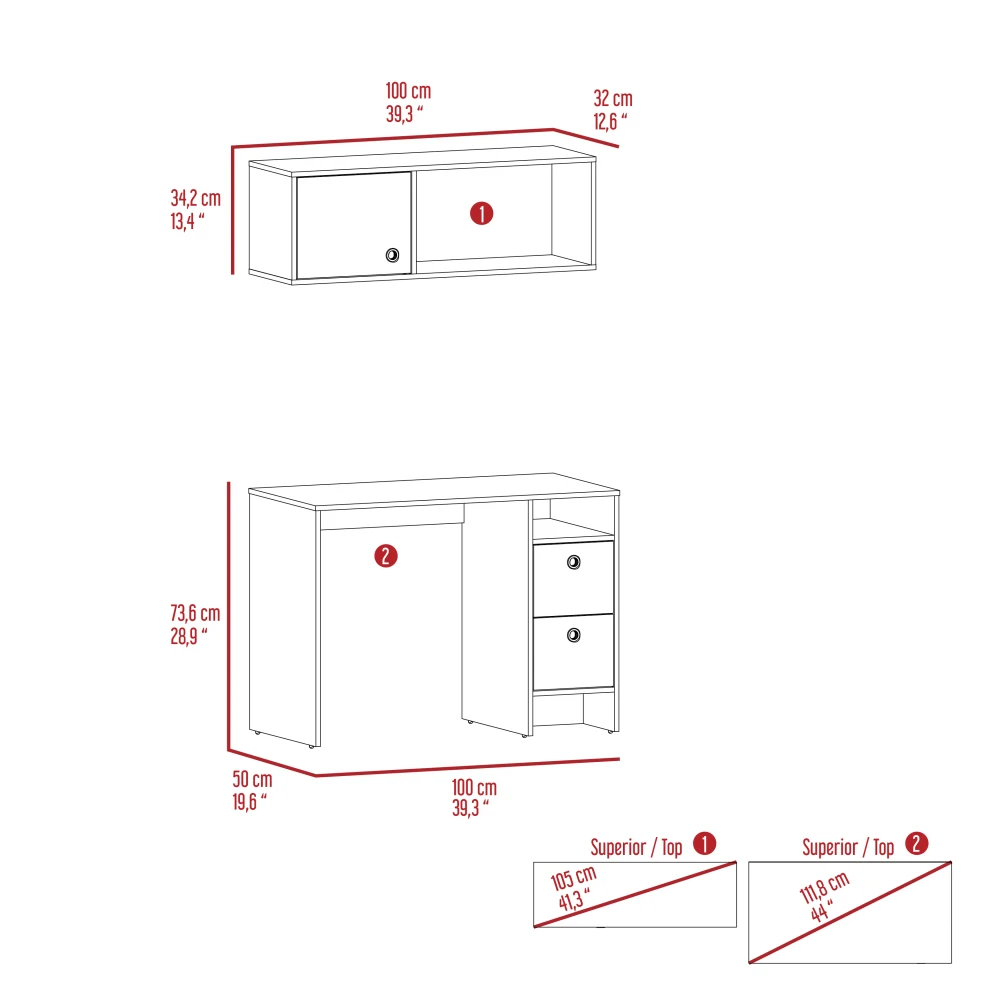 Khali 2-Pc Office Set, Two Shelves Two Drawers Wall Cabinet Single Door Cabinet -Light Oak / Taupe