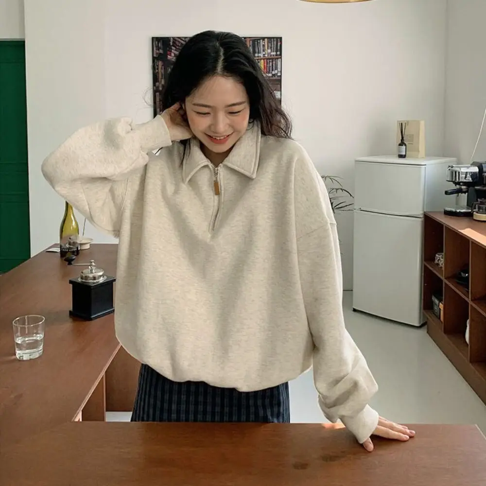 Moda medio cuello alto manga larga Top suelto cremallera otoño Sudadera con capucha Top ropa coreana Ins sudaderas para mujeres viaje