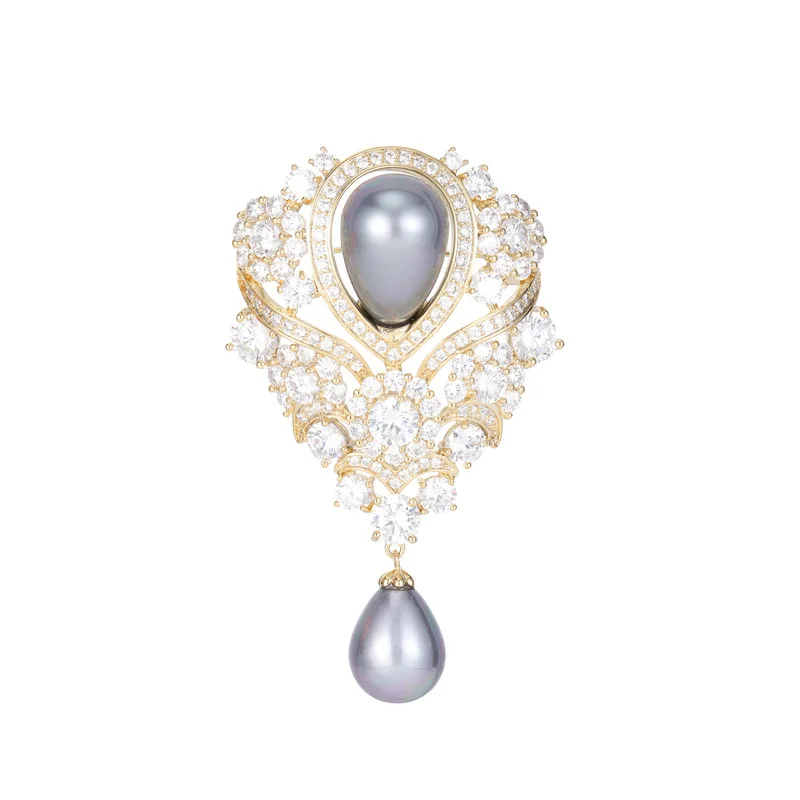 FXLRY Elegant French Vintage Encrusted Zircon Water Drop Pearl High-grade Brooch For Women Bridal Wedding Jewelry