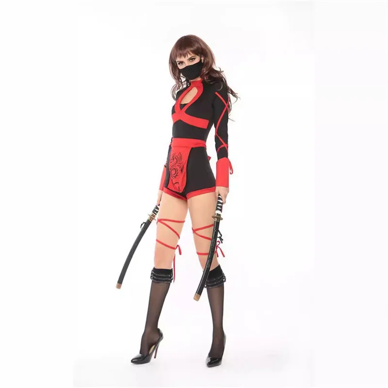 Women Japanese Bushido Ninja Costume Cosplay Samurai Costume Ninja Black Mask Belt and Leg Strap