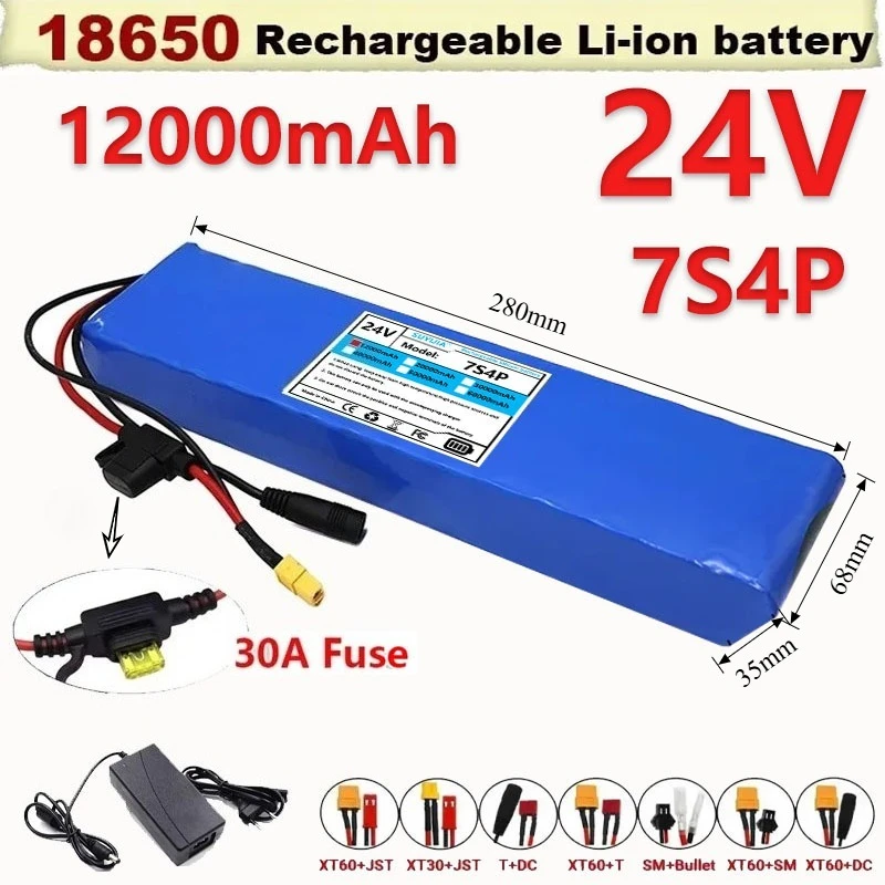 Équipé D'une Batterie Au Lithium 15A BMS 24V 18650 7S4P 12Ah Rechargeable Avec Porte-fusible + Chargeur 29,4 V 250 W/500W Adapté