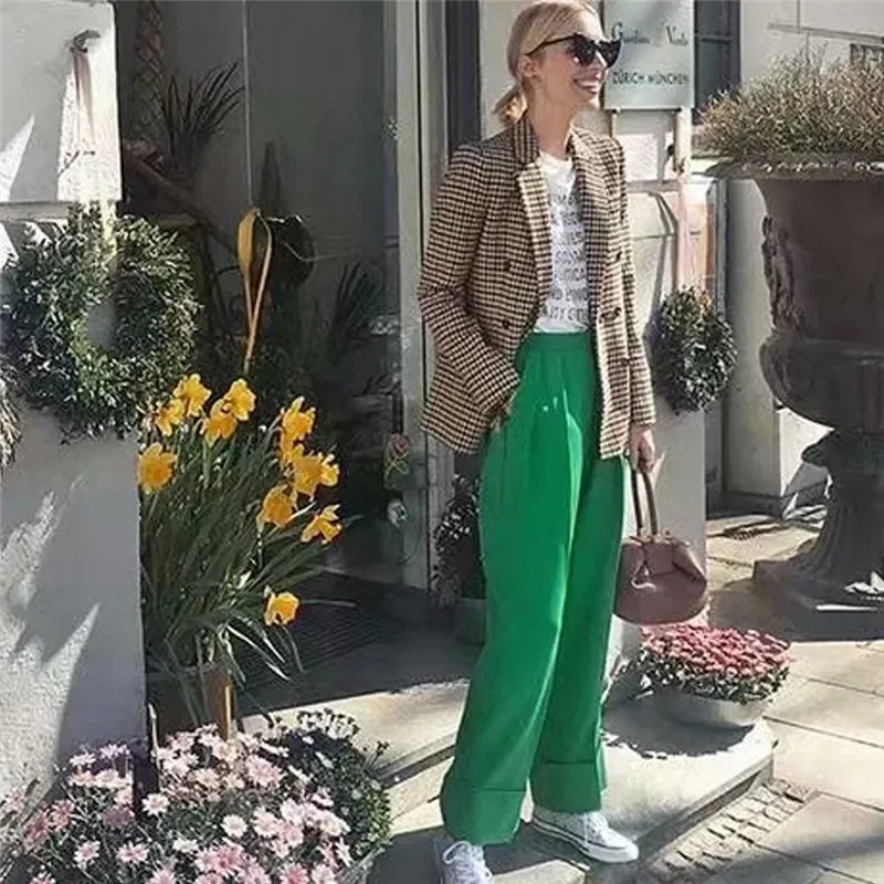 سترة نسائية كلاسيكية مربعات بأزرار مزدوجة مع جيوب ، معطف بذلات نسائي كلاسيكي ، ملابس خارجية ، جاكيتات عالية الجودة