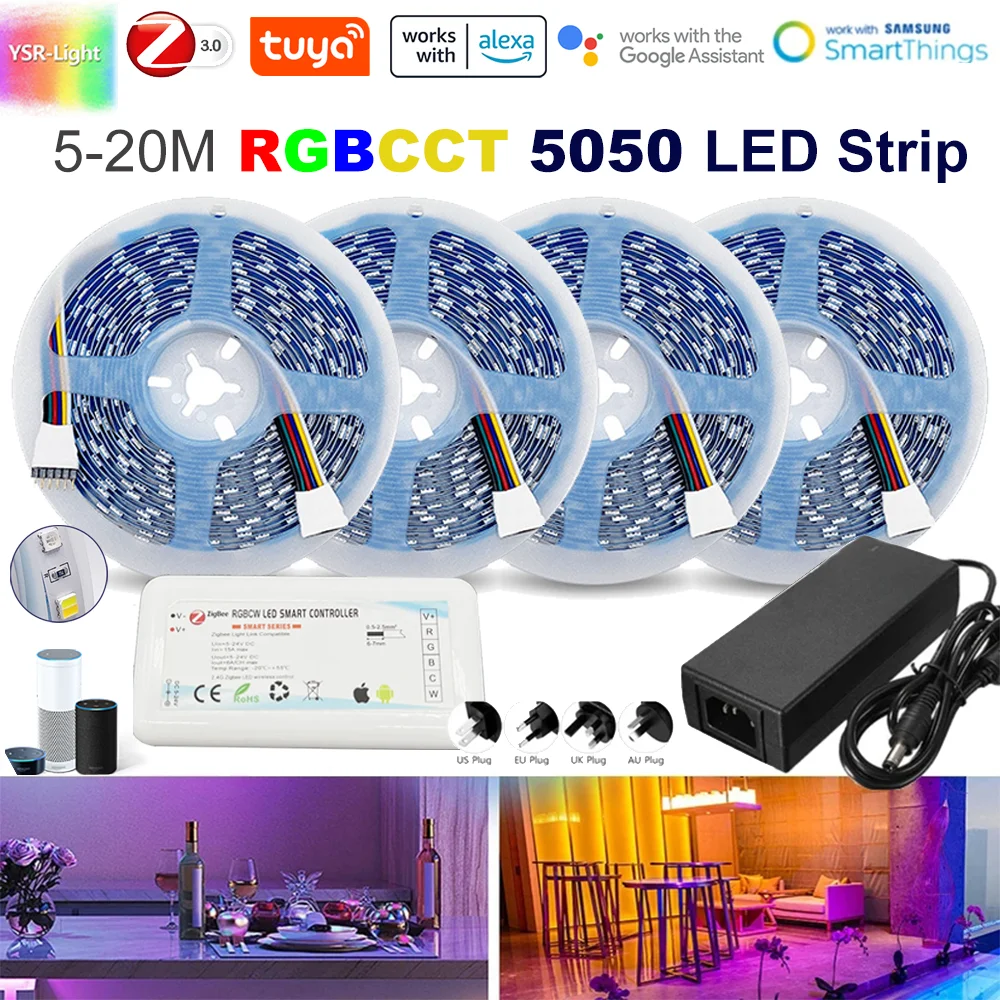 ZIGBEE 3.0 Smart Controller 5M-20M DC24V 5050 RGBCCT LED Strip Night Lights Room Decor Tuya Zigbee APP/Voice Control for Alexa