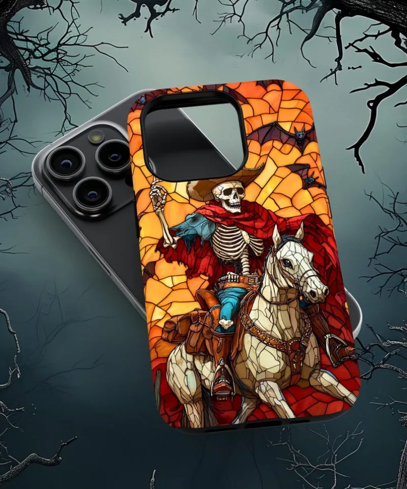 Skeleton Cowboy Stained Glass Phone Case For IPHONE 16 15PRO MAX 14 13 12 11 Acrylic TPU Two in one magnetic Phone Cases