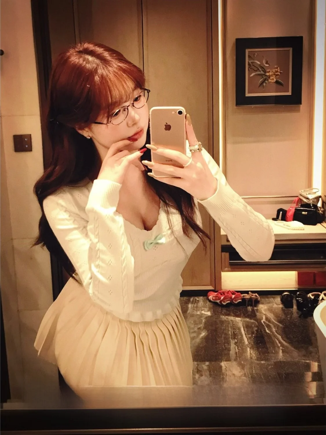 

Cute Face Hero Mint Jelly Design V-neck Knot Knitted Top Pleated Skirt Women's Daily Wear Spring Season Fashion