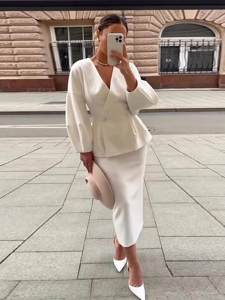 Elegant Puff Sleeve Slim Fit High Waist Women Coat Skirt Sets Fashion V Neck Solid Button Lady 2 Piece Set 2025 Chic Street Wear