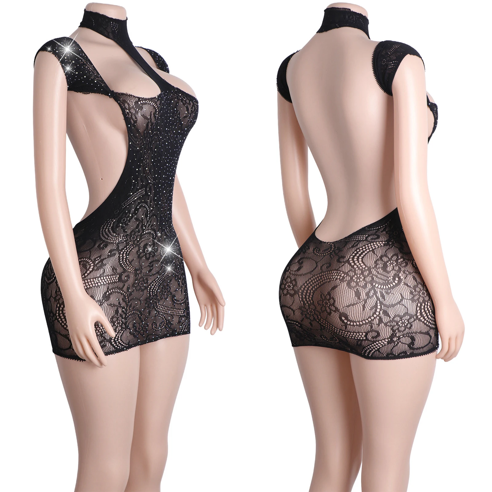 Sexy Fishnet Rhinestone Hot Backless Dress Performance Wear Exotic Lingerie Women's Club Outfit Stage Costume Set Glamorous