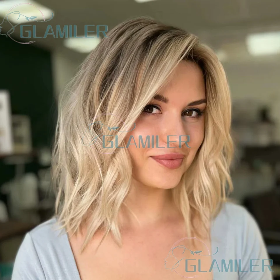 شعر بشري قصير مموج يسلط الضوء على شعر مستعار بوب أشقر Balayage # 613 شعر مستعار بدانتيل أمامي مقاس 13 × 4 مع شعر مستعار دانتيل كامل بجذور بني داكن