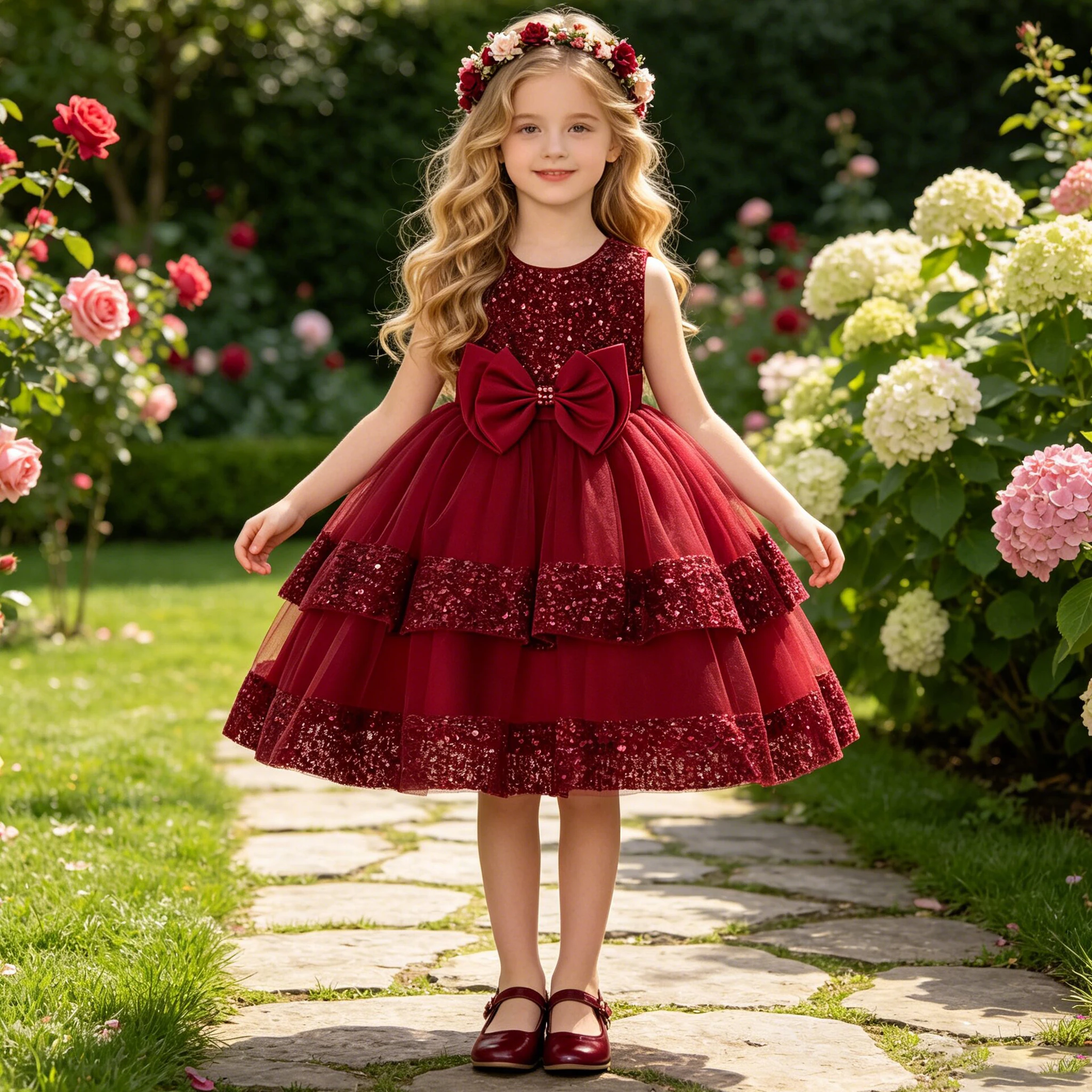 Elegant Bow Sequins Party Girl Dresses Christmas Costume Summer Graduation Birthday Princess Dress for Kids Wedding Evening Gown