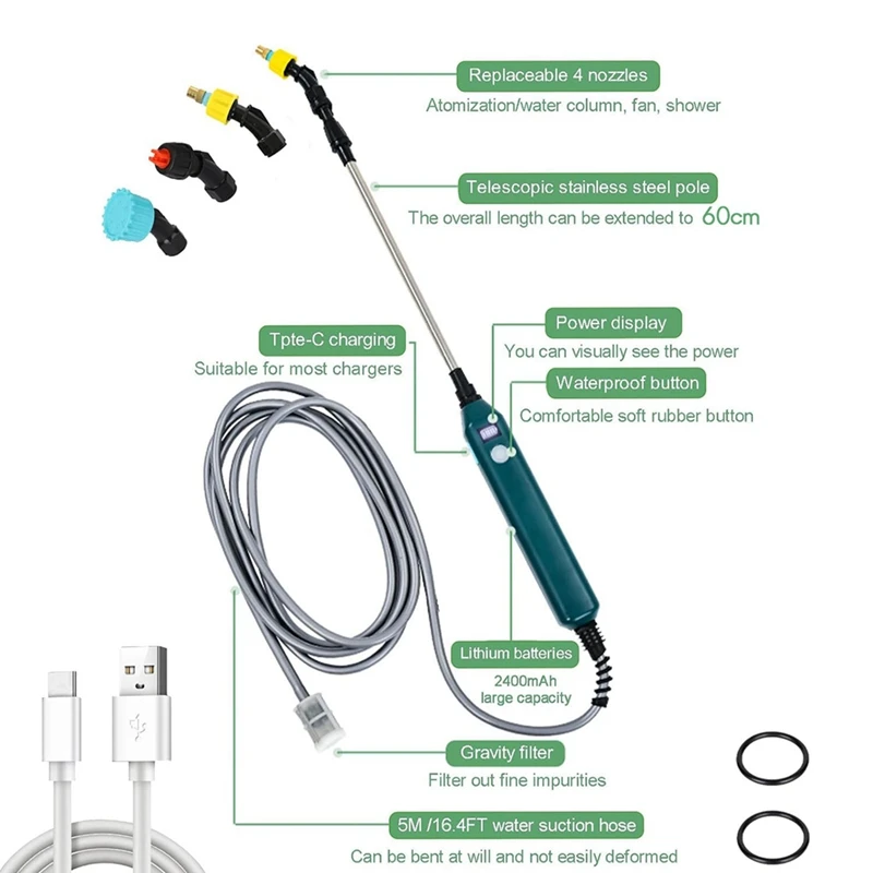 Handheld Battery Powered Spray Wand, Includes 3 Nozzles, 16.4FT Hose, And Power Display