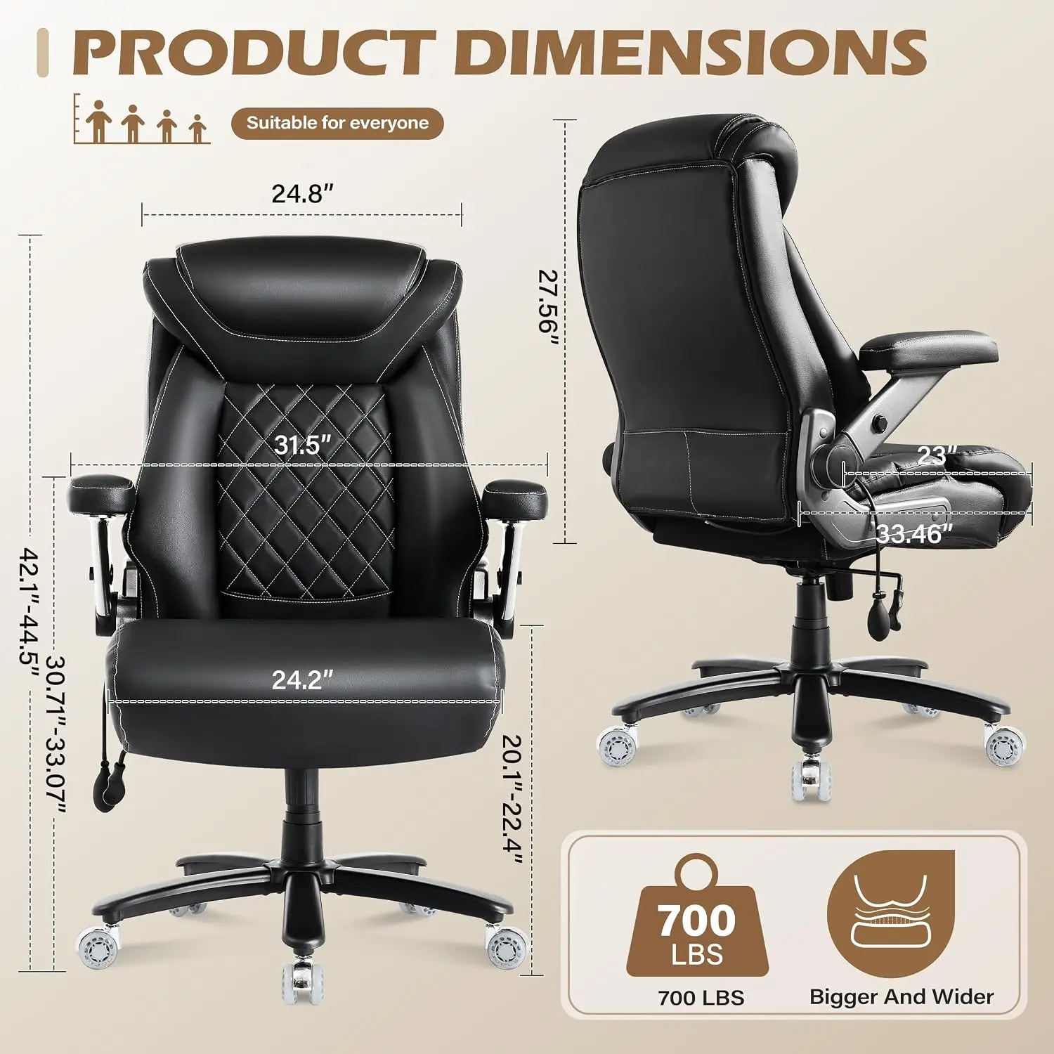 Heavy Duty Leather Office Chair 700lbs Ergonomic 5D Flip Arms Adjustable Lumbar Dual Rubber Wheels Wide Seat, Customized