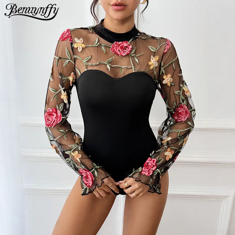 

Benuynffy Floral Embroidered Long Sleeve Mesh Bodys Top for Women Half High Collar Sexy Party Elegant Streetwear Slim Bodysuit