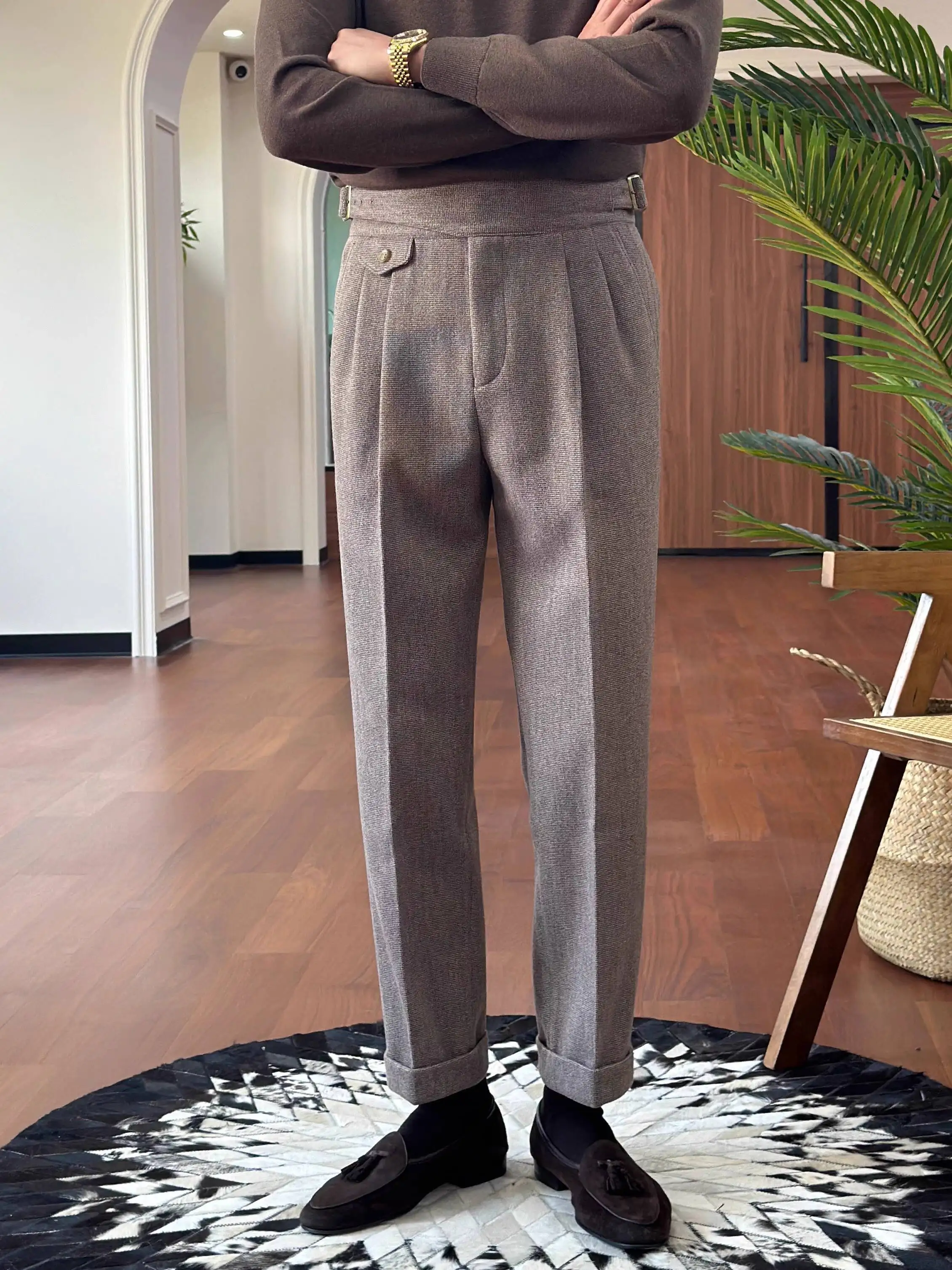 الخريف الشتاء سميكة عالية الخصر مستقيم الأعمال مكتب بنطلون نابولي الراقية الصوفية طويلة بانت للرجال بنطلونات Hombre 2025