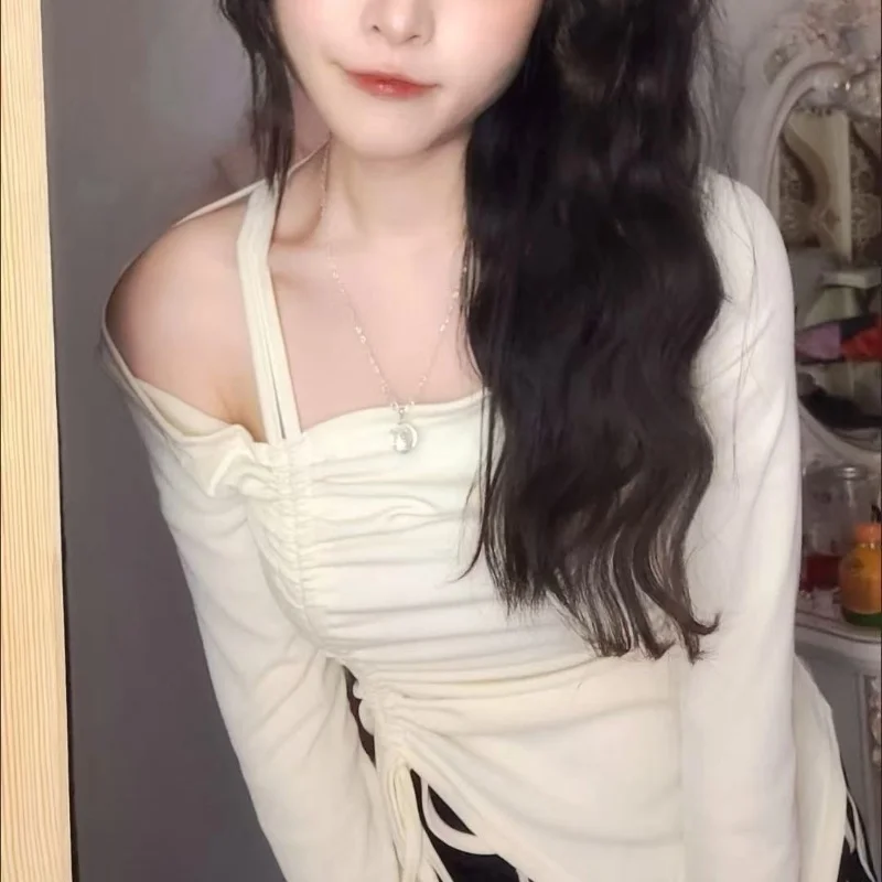 Tees ฤดูใบไม้ผลิฤดูใบไม้ร่วงผ้าฝ้าย Flare แขนเสื้อ T ผู้หญิง Bodycone Basic เสื้อแขนยาว Crop Tops Casual Shirring Off-ไหล่