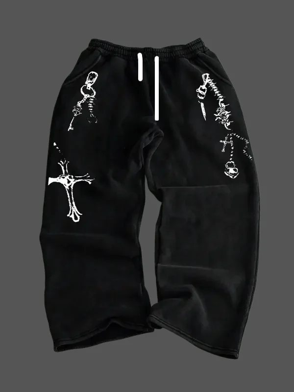 New Model Men Gothic Vertical Graphic Wide Leg Sweatpants Drawstring Loose Straight Baggy Y2K Dark Punk Streetwear Pants.