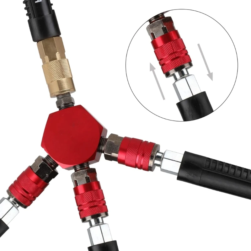 3-Way Air Manifold 4 Ports Aluminum Industrial Flat Hex Quick Connects Air Hose Splitter with Coupler and Male Plugs 87HA
