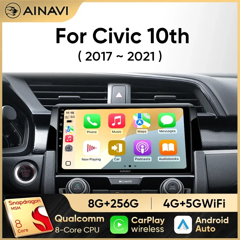 Ainavi Andriod Car stereo radio For Honda Civic 10th 10gen 2015 - 2021 Multimedia Player Wireless Carplay Android auto WiFi DSP