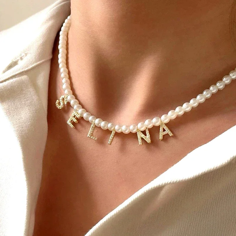 

Customized Name Necklace Personalized DIY26 Initial Pendant Necklace Simulated Pearl Women's Pearl Letter Necklace Jewelry Gifts