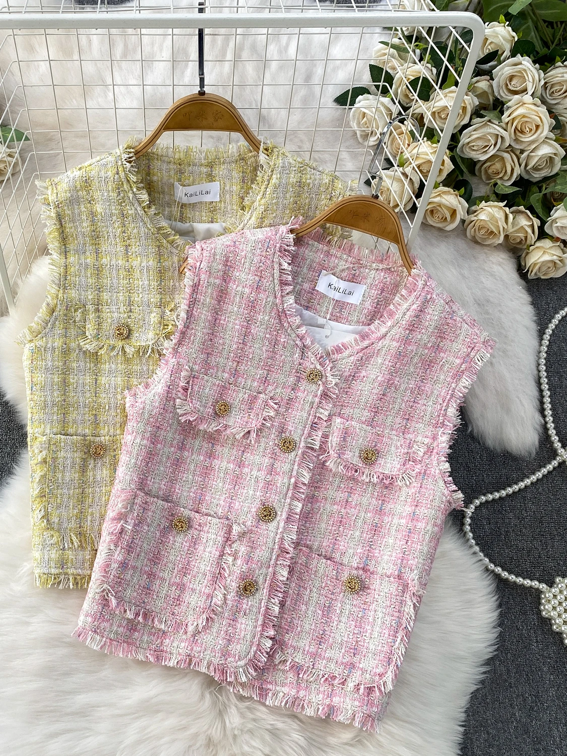 

Tweed Fringed round Ne Vest Coat Women's Spring Autumn Metal Bule Top Commute Sle ort Length Plaid Pattern