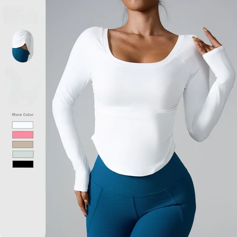 Long Sleeve Seamless Fitness Wear Square Neck Yoga Top Wear Women\'s Running Athletic Gym Workout Shirt With Thumb Holes