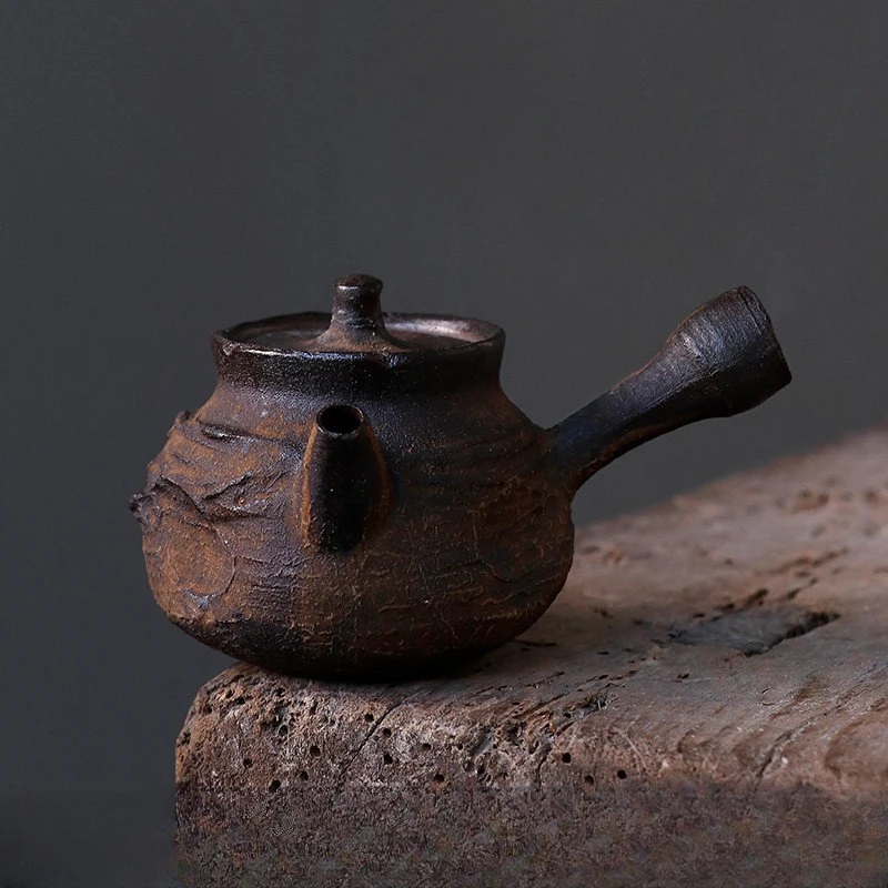 Royi Store Japanese Handmade Wooden Nanman Teapot, Hand Held Side Handle, Quick Whisk Teapot, Rough Pottery, Single Small Teapot