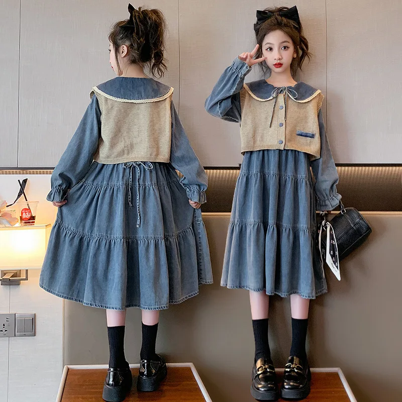 

Kawaii Girl Fashion Vest Cowboy Dress Student Spring and Autumn Casual Mid-Length Princess Dress 2-Piece Set Children's Clothing