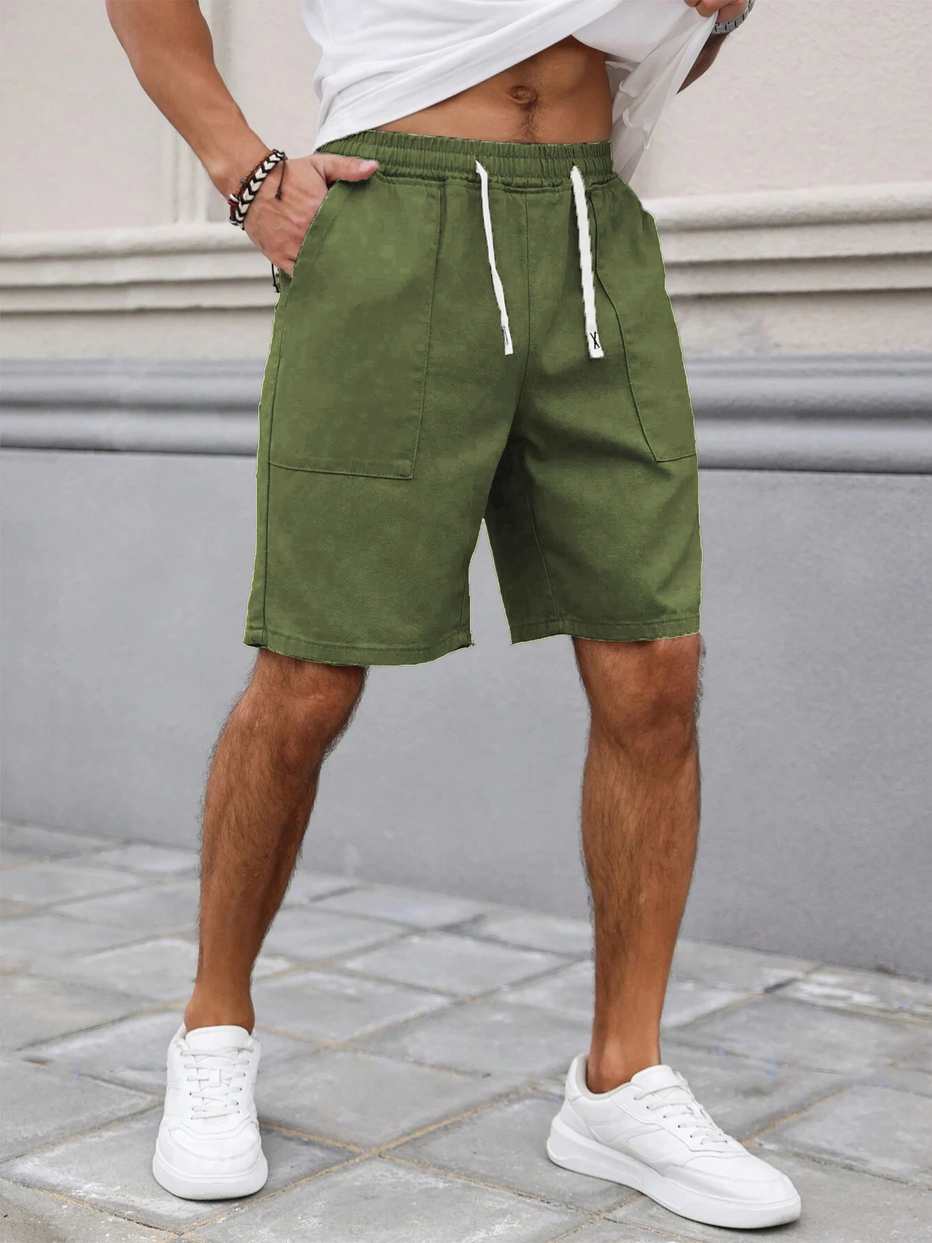 Sommer Herren Retro Amerikanischer Stil Shorts mit Kordelzug Lässige Hosen Einfarbig Trendige Mittellange Herrenshorts – Detail 8