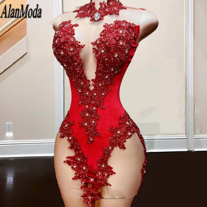 Short Red Prom Dresses For Black Girls Homecoming Dress Beaded Lace Birthday Party Gown Mermaid Mini Cocktail Gowns Customized