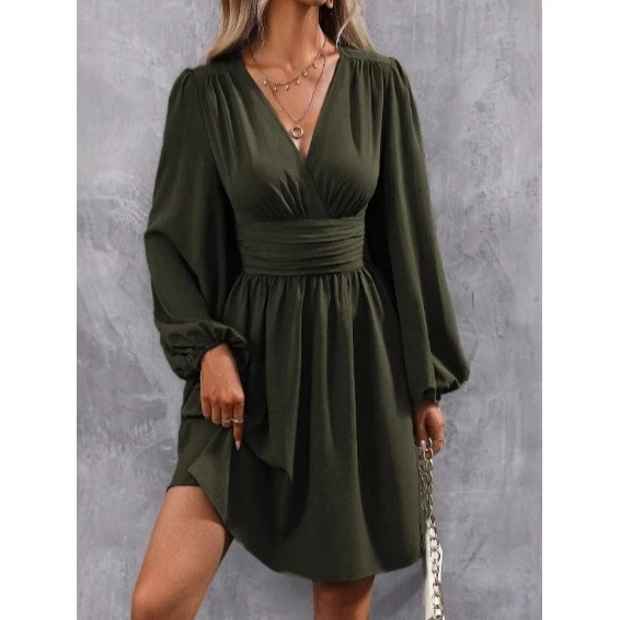 秋冬レディースハイウエストランタンスリーブガウン独立系サイトサイドネデザインロングスリーブデート用