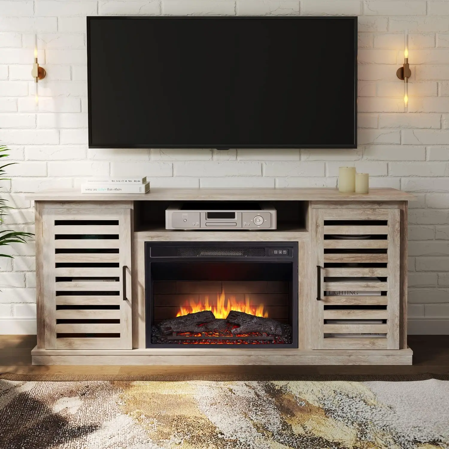 

Cheerway 3D Fireplace TV Stand for TVs up to 65’’, Wooden Media Entertainment Center Table & TV Cabinets w/ 6 Storage Shelves