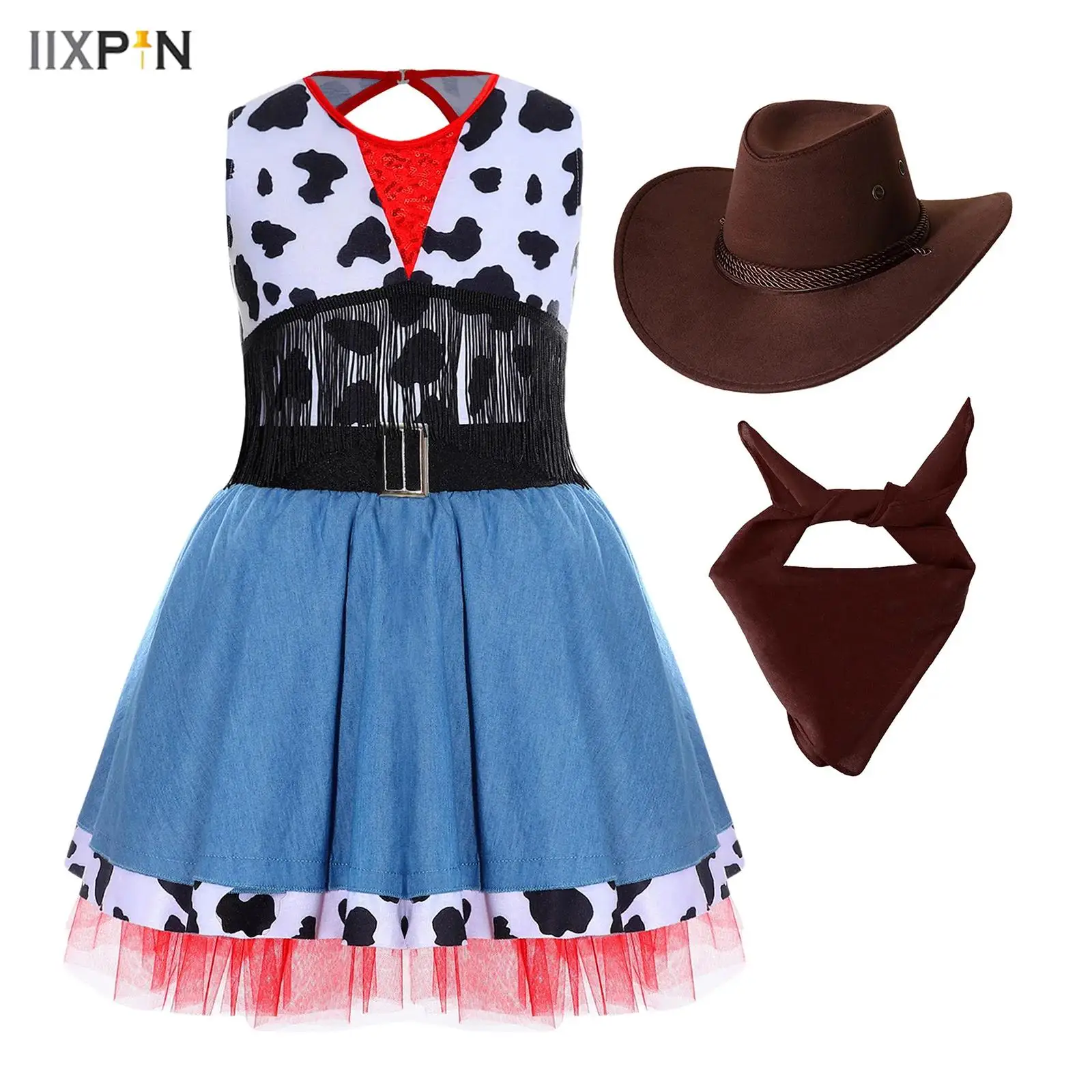 

3Pcs Girls Halloween Western Cowgirl Dress Up Costume Sleeveless Cow Print Fringe Tutu Dress with Cowboy Bandanna and Hat Set