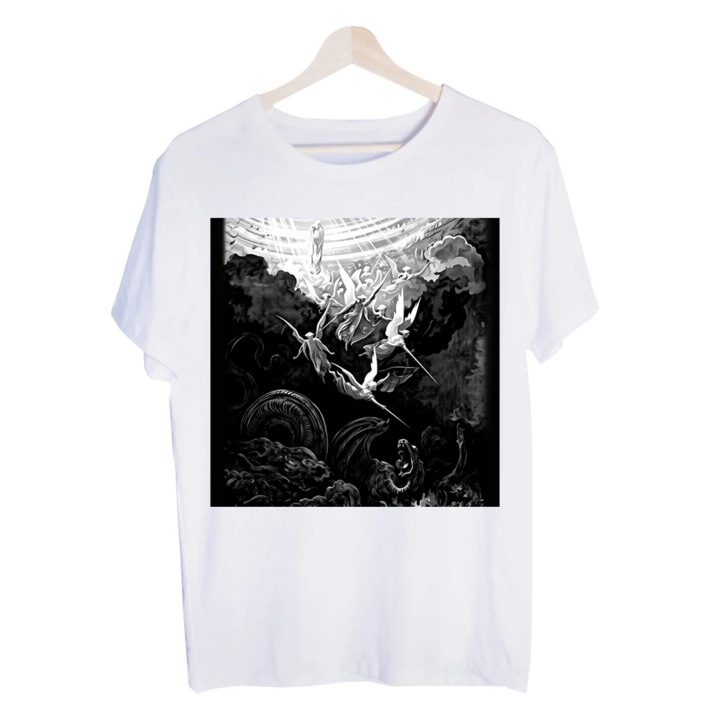 Men's Angel and Demon Battle Graphic Tee, Short Sleeve Crew Neck T-Shirt for Fantasy Art Inspired Casual Wear