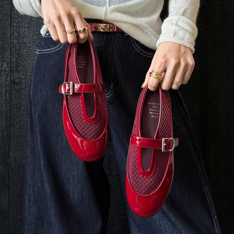 

Women's new leather cowhide round toe retro low heel French hollow mesh breathable Mary Jane shoes fashion single shoes