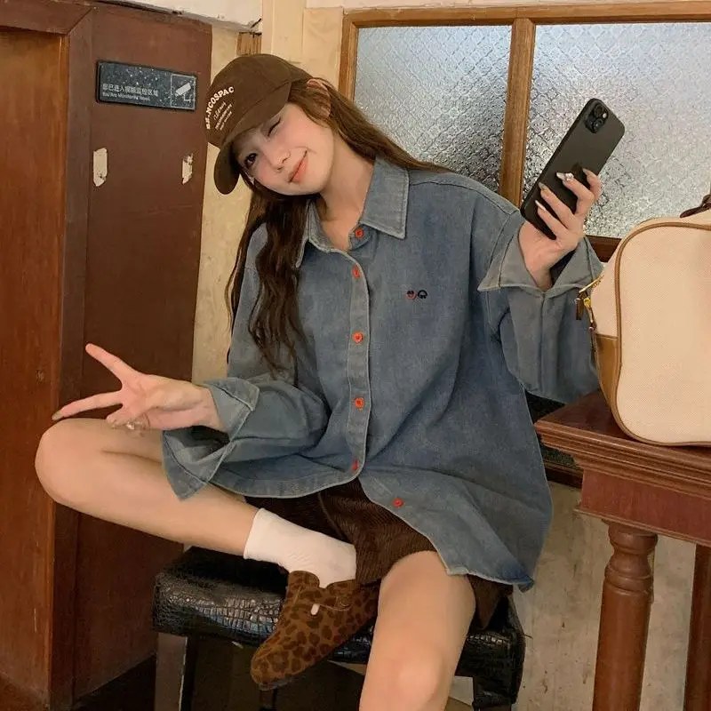 

New Advanced Vintage Washed Blue Denim Shirt Jacket Women Casual Collar All-Match Slimming Long Sleeve Polyester Fiber