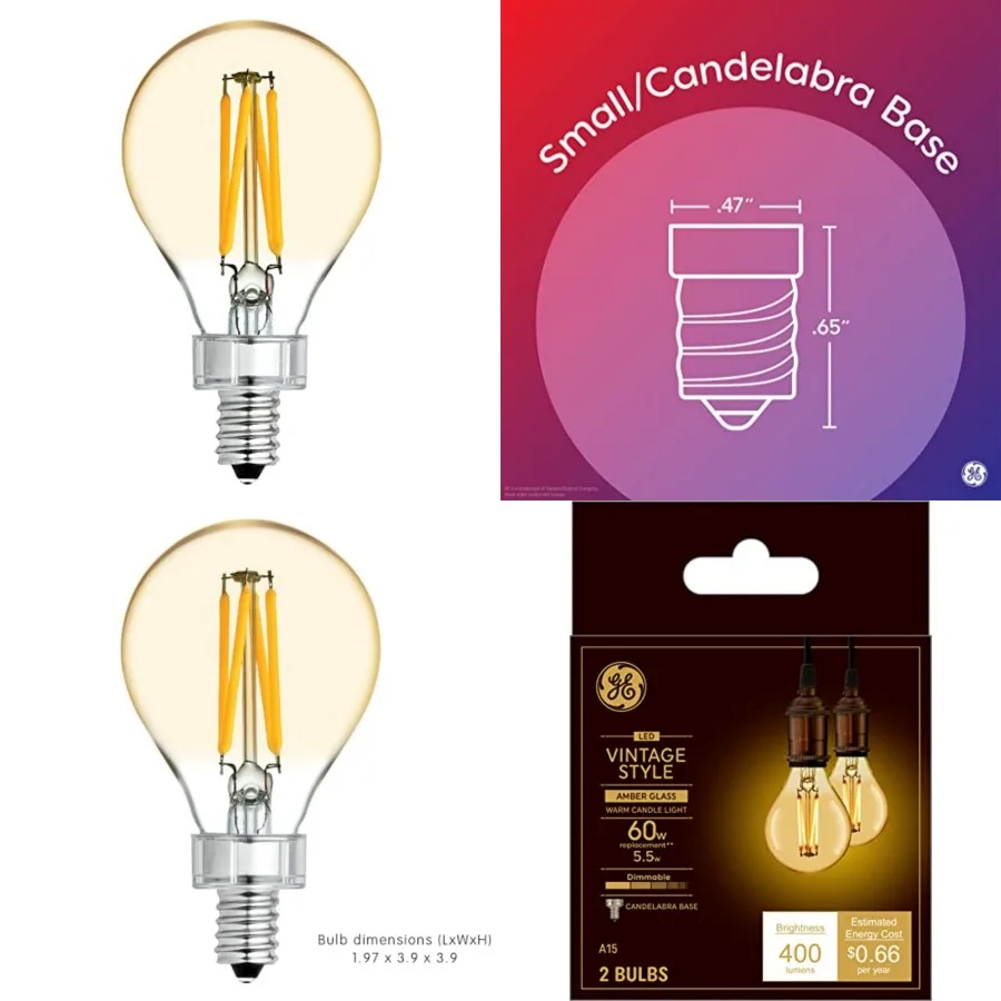 

Lighting Vinta Style LED Light Bulbs, 60 Watt Eqv, Amber Glass, Warm Candle Light, A15 Standard Bulb, Small Base 2 Pack
