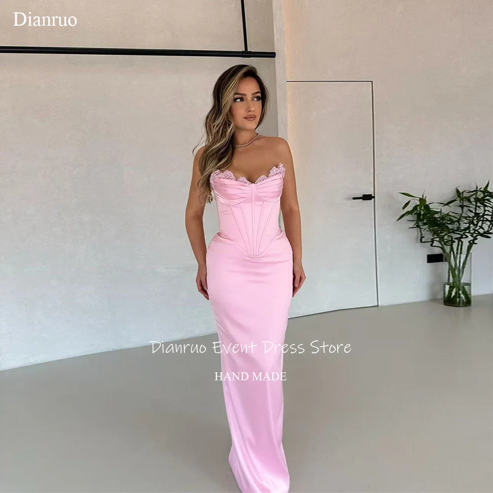 

Dianruo Mermaid Pink Evening Dresses Sweetheart Pearls Crystal Luxury Party Dresses Sleeveless Satin Abendkleider Customized