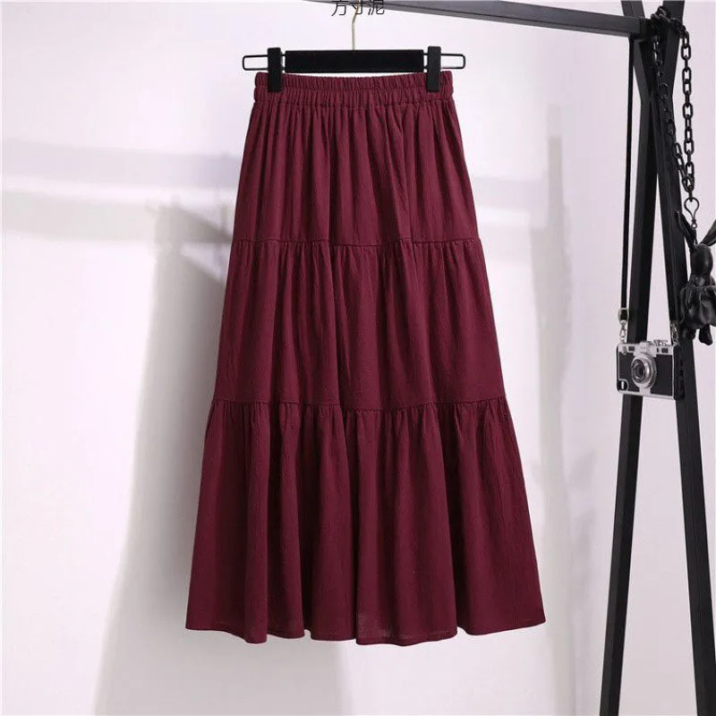 

2024 fashion new summer patchwork cotton and linen skirt pleated elastic waist plus size skirt