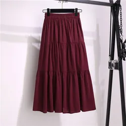 2024 fashion new summer patchwork cotton and linen skirt pleated elastic waist plus size skirt