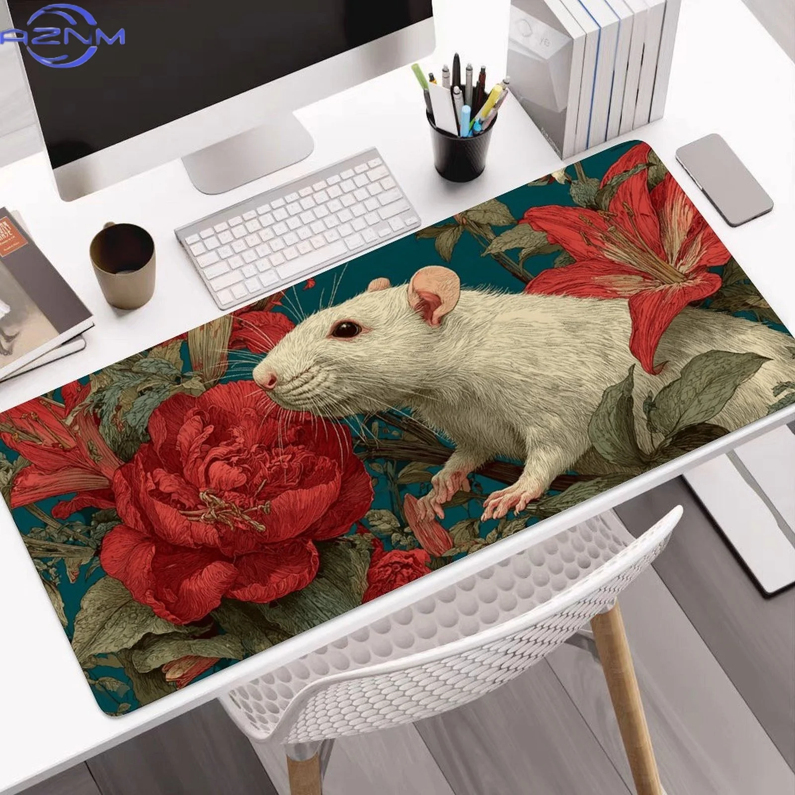 Large Non-Slip Mouse Pad with Rat & Floral Design - Washable Rubber Base, Vibrant Red Roses & Green Leaves, Perfect for Office,