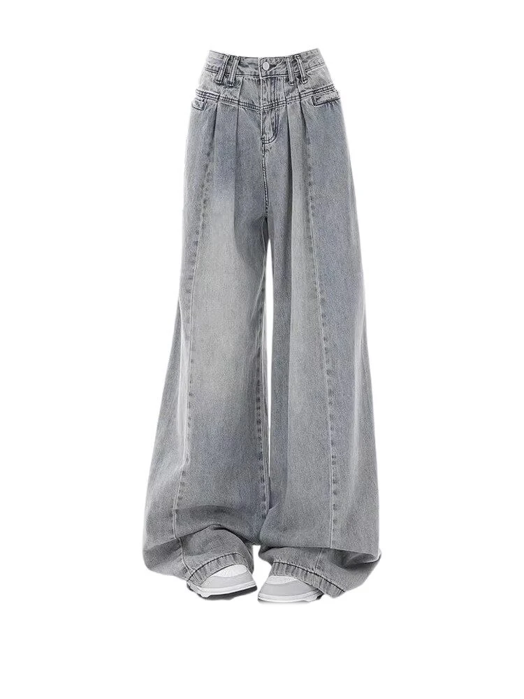 

Retro pleated design wide leg jeans women in spring new high waisted loose hanging floor length high street trendy pants