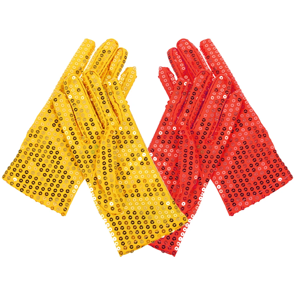 

2 Pairs for Dance Performance Sequin For Costume Party Adult Glitter Gloves Red Yellow Sequin Gloves