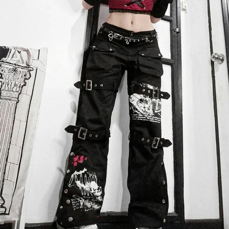 E-girl Gothic Black Cargo Pants Capri Women Low Waist Jeans Long Trousers Y2K Grunge Vintage Hip Hop Punk Harajuku Streetwear
