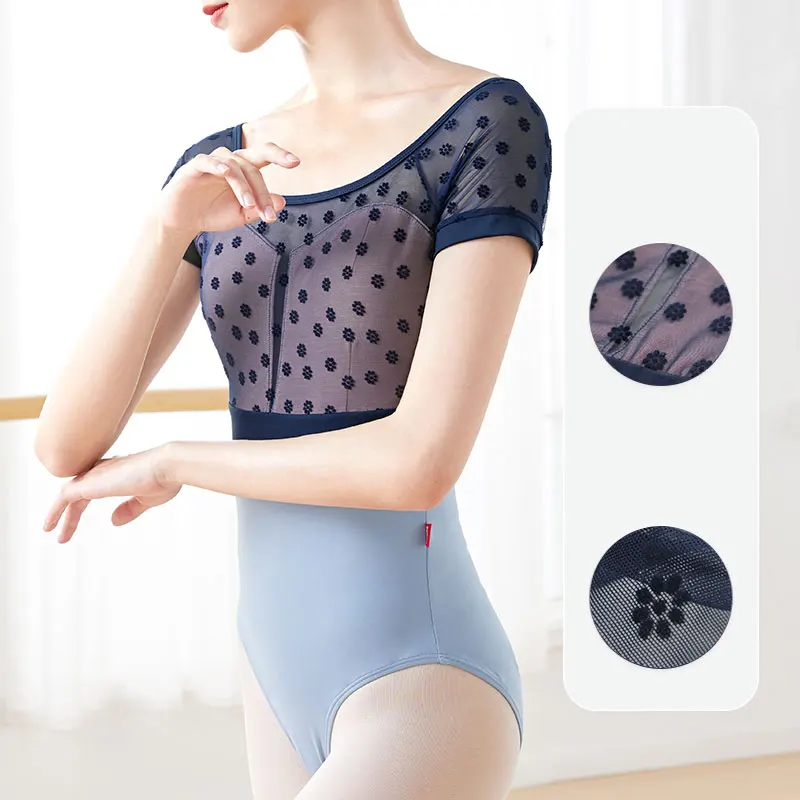 Gymnastics Leotards Ballet Leotards Woman Flocking Short Sleeves Dance Leotard Nylon Hollow Back Dancing Bodysuit Swimsuit Adult