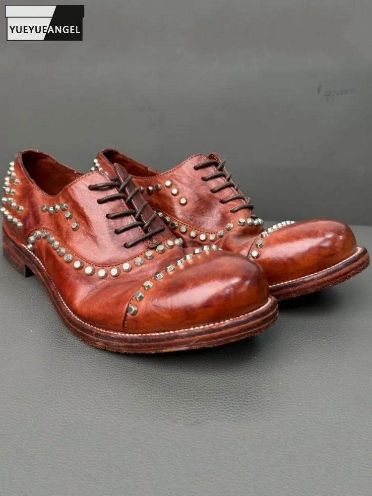Fashion Mens Rivets Horsehide Genuine Leather Dress Shoes Lace Up Low Cut Wedding Party Formal Shoes Vintage Punk Style Footwear