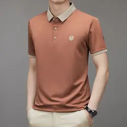 Camisa polo manga curta bordada em U masculina, moda rua verão, roupa masculina, contraste de algodão puro, tops básicos de negócios